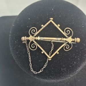 Antique Victorian Brass Scrollwork Brooch with Safety Chain Early 19th Century